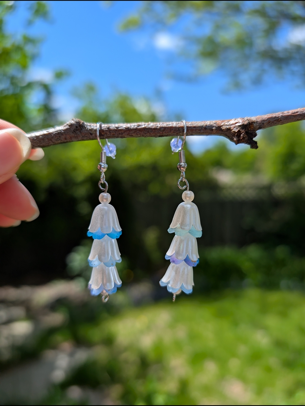 Handmade Floral Drop Earrings in White and Blue - Women Jewelry